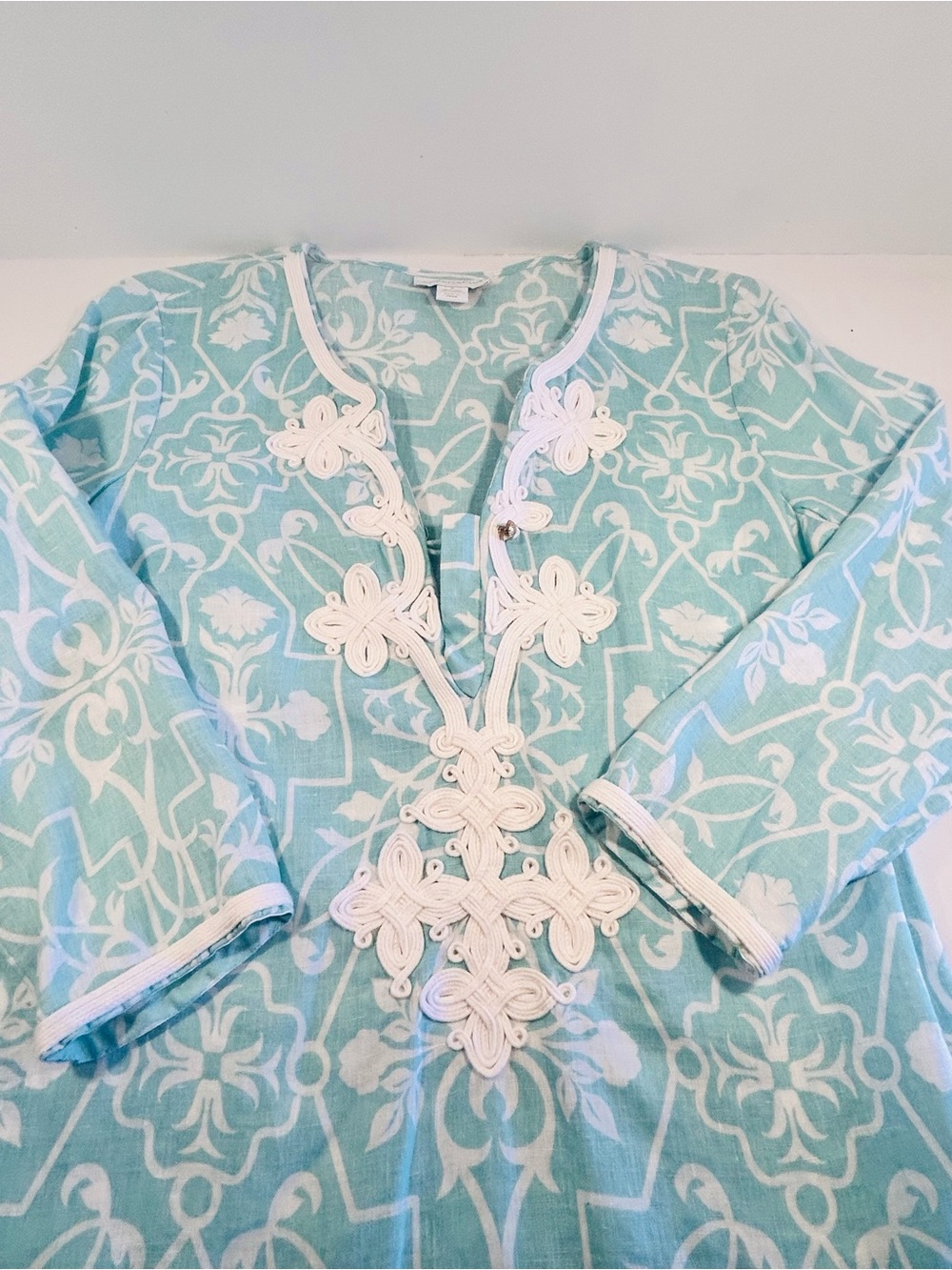 Charter Club Linen Tunic Top Womens Small Aqua White Embroidered Resort Coastal